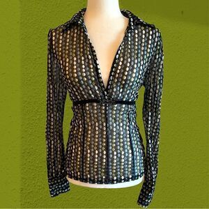 90s vintage Mexx mesh collared shirt deep v neck buckle  detail